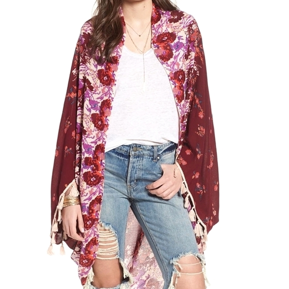 Sale! 🌺 Free People Floral Red, Ruby, Pink Floral Tassel Kimono, One Size - Picture 7 of 14